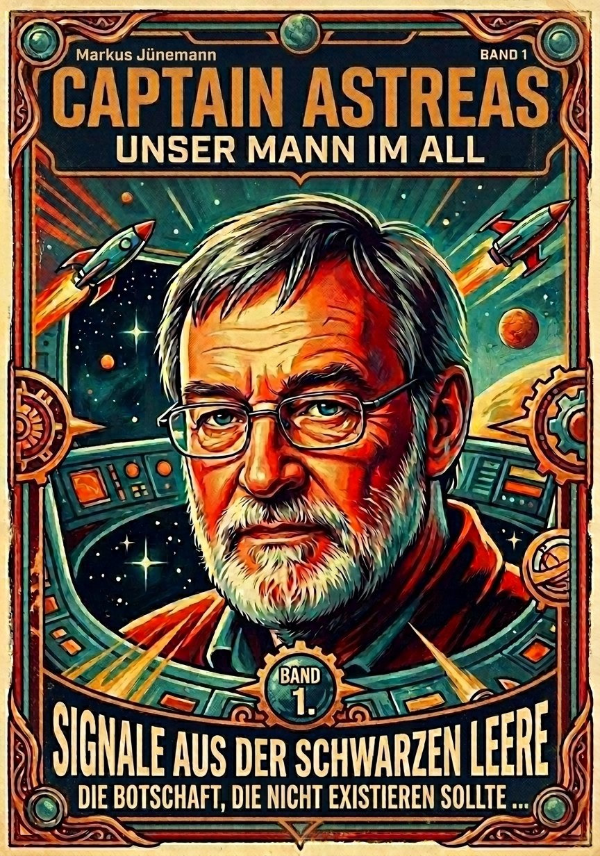 Titelbild von Band 1: Captain Astreas – Unser Mann im All. Signale aus der schwarzen Leere. Die Botschaft, die nicht existieren sollte … Ein ergrauter Raumkommandant mit Brille vor einem Cockpitfenster, im Hintergrund Raketen und Planeten im Stil der frühen Sechziger.